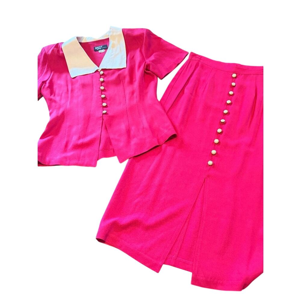 Vintage Dawn Joy Fashions 2-Piece Skirt Suit Pink Fuchsia Pearl Buttons